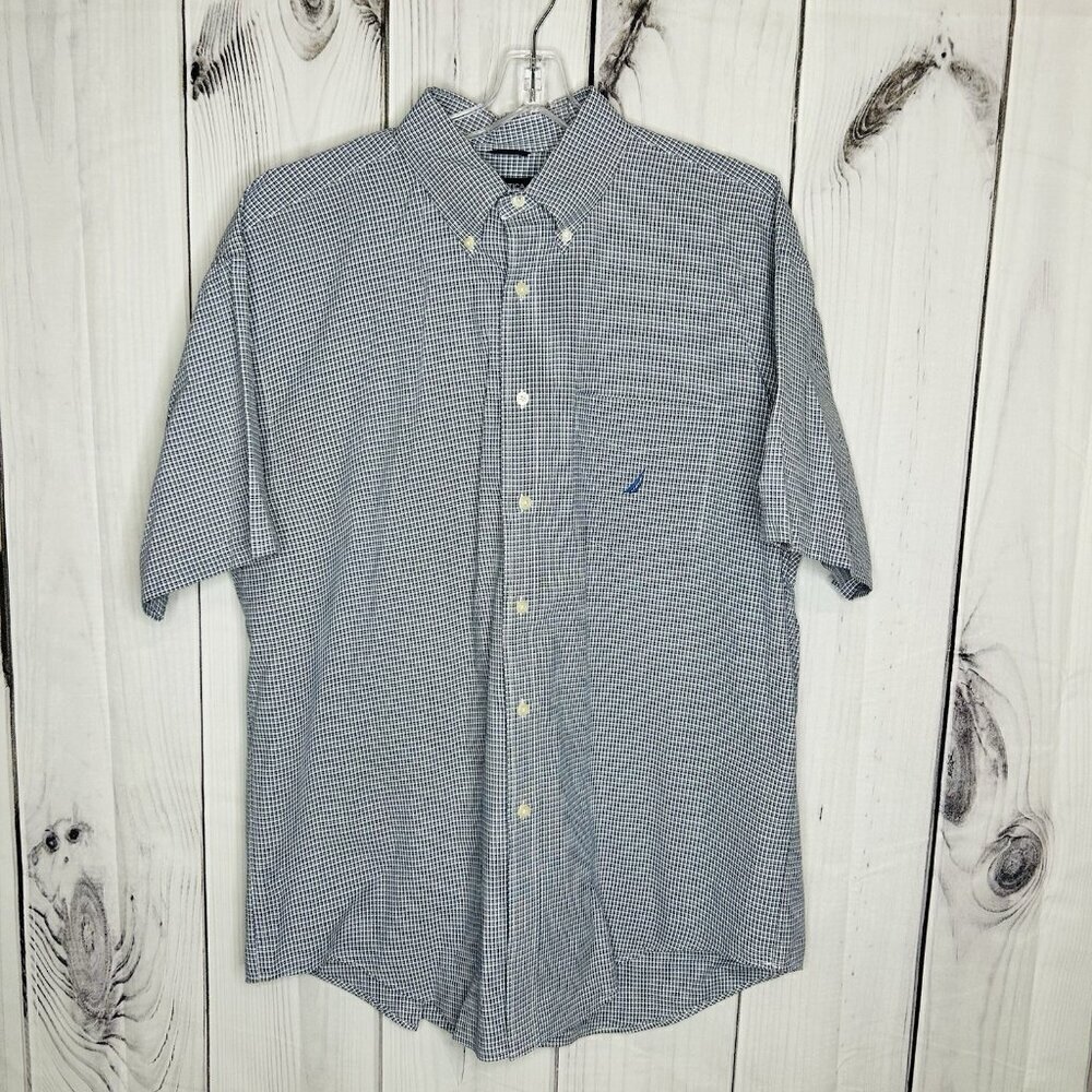 Nautica Button Down Shirt Mens Sz XL Blue Plaid Short Sleeve